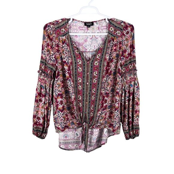 GiGio Womens M Boho Floral Blouse Smocked Cuff Balloon Sleeves Hippie Artsy Top - Picture 6 of 16